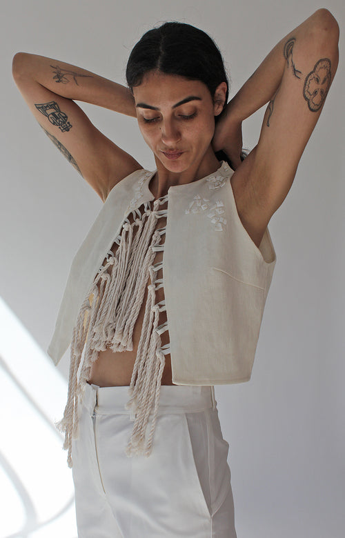 FRINGE DENIM LACE TOP